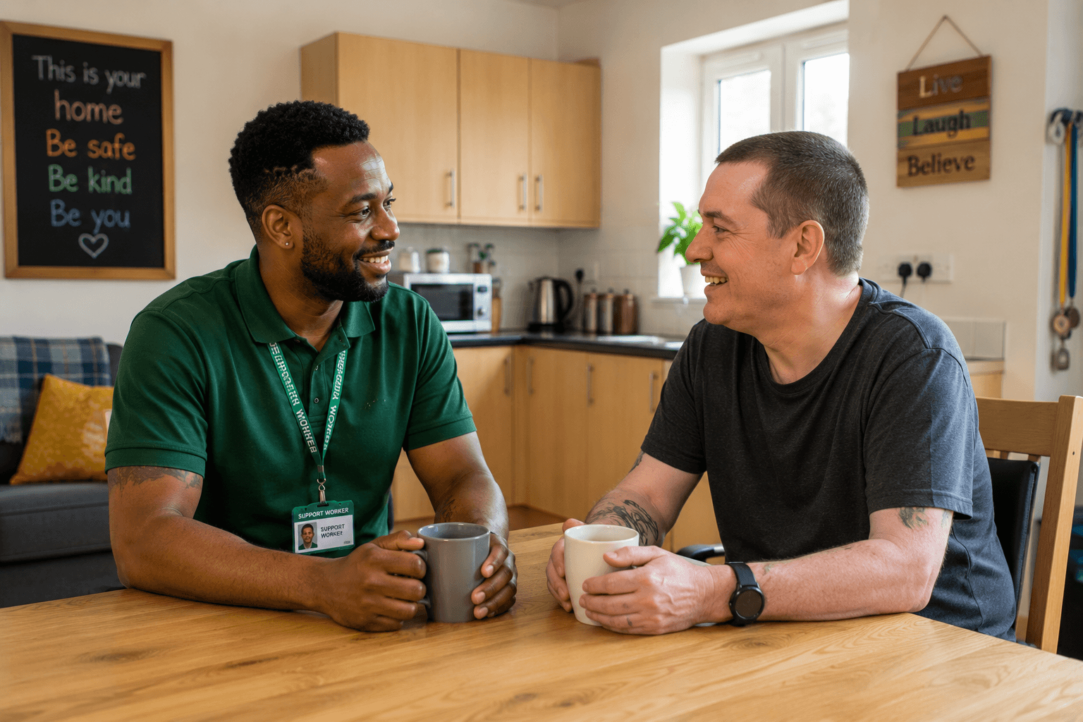 A support worker chatting with a resident in supported living